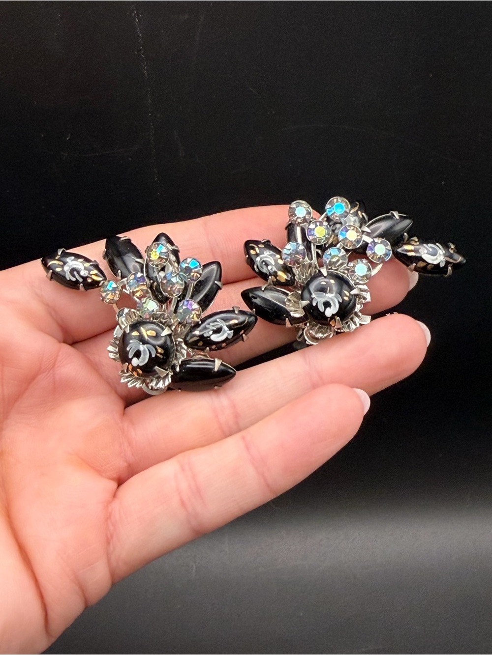 Vintage 1950s Black Glass AB Rhinestone Floral Clip On Earrings 2” Statement